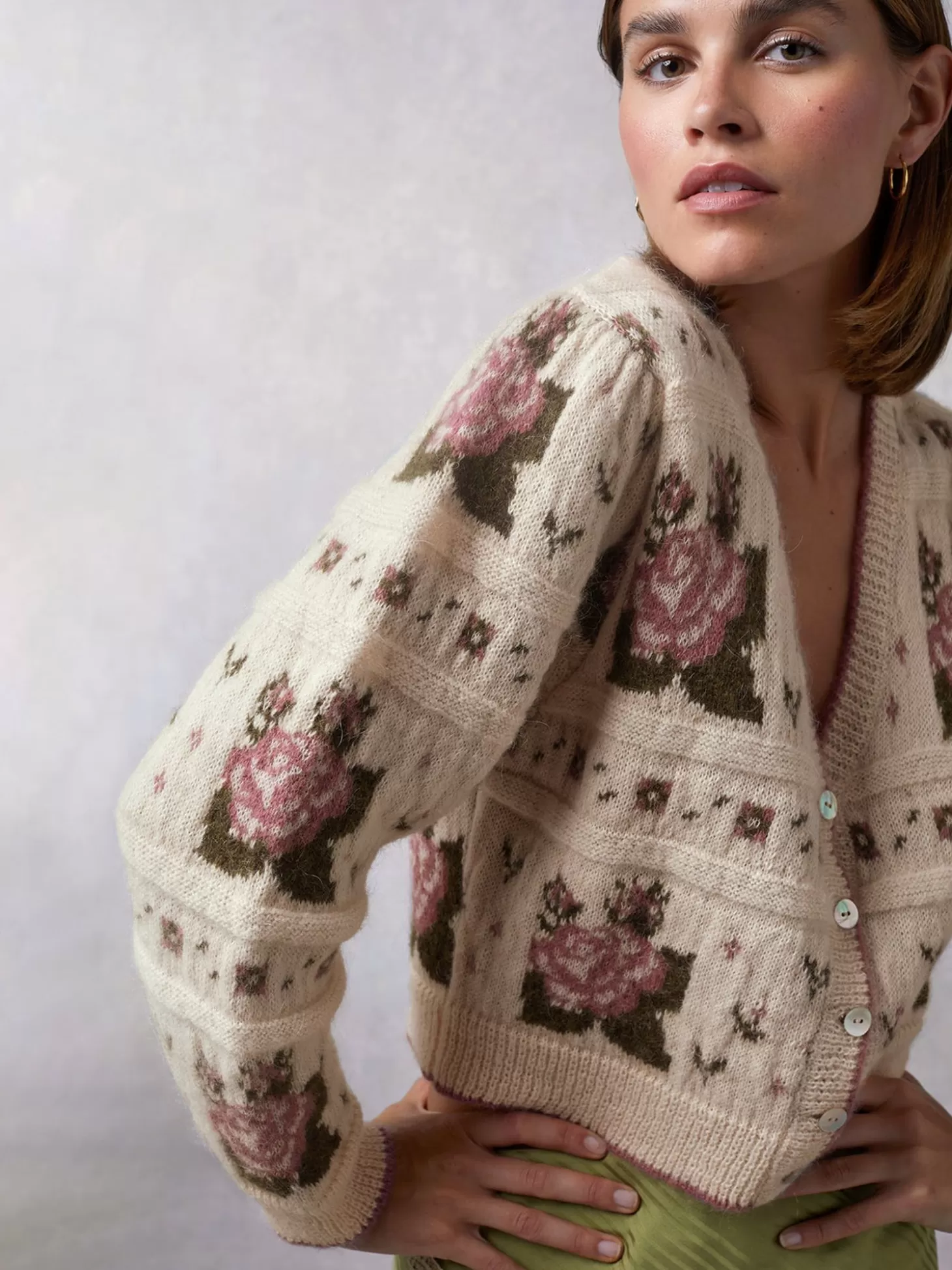 Rouje Leora Cardigan Jacquard Fleuri Ecru | Clothing